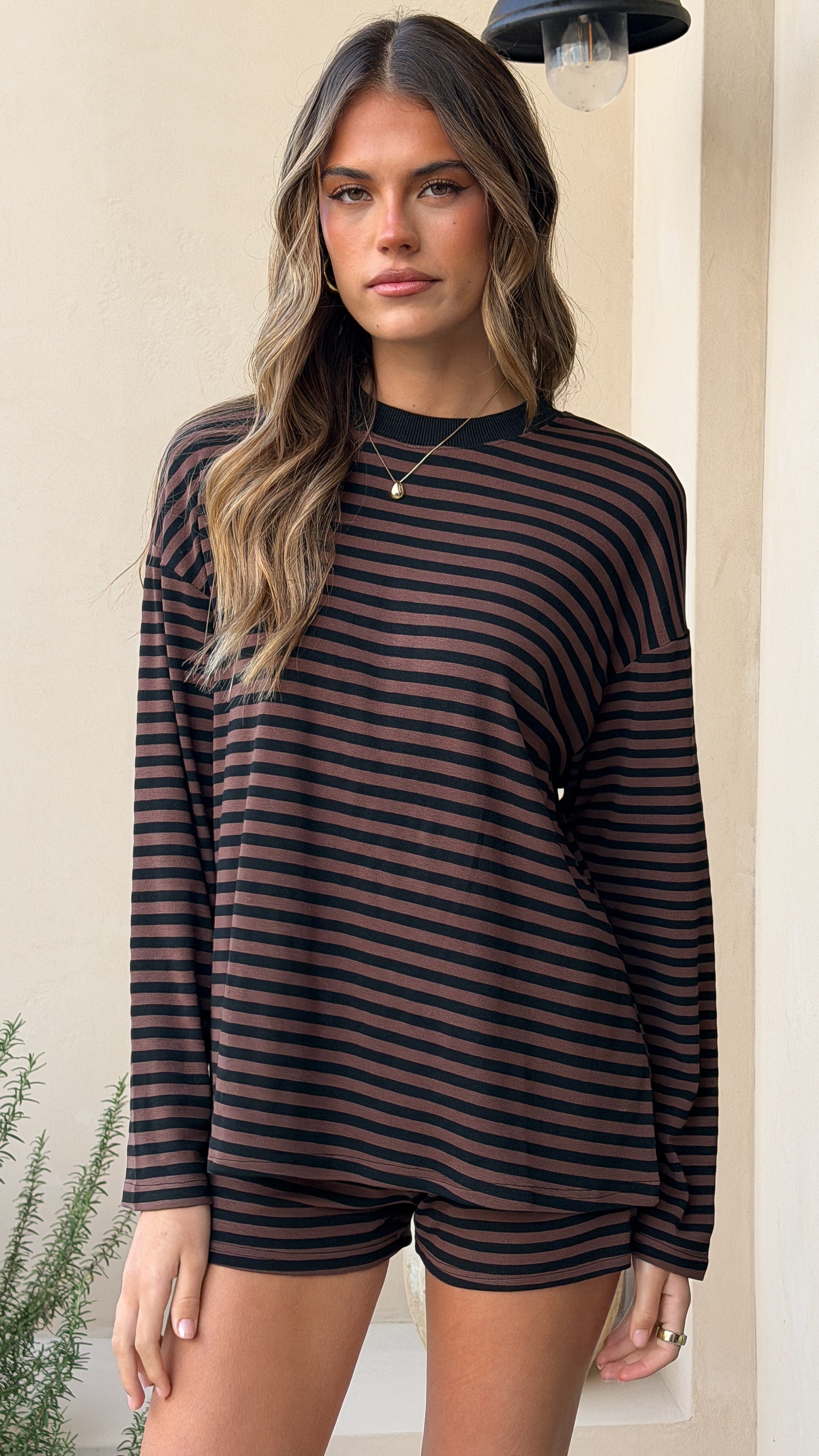 Flossie Long Sleeve Top and Shorts Set - Choc/Black Stripe