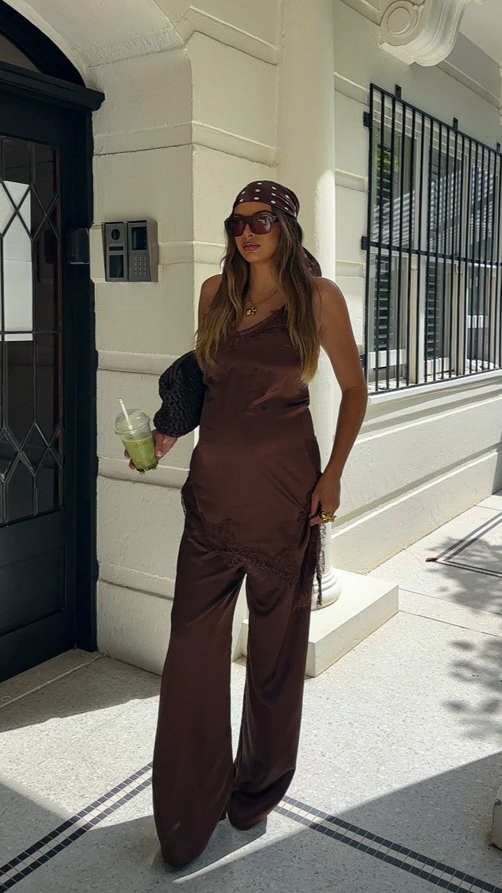 Hayleigh Asymmetrical Top and Pants Set - Chocolate/Lace